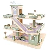 Bandits & Angels Holzspielzeuggarage Bandits Parkerlebnis mit 3 Etagen und Aufzug – inklusive 4 Autos – Spielzeugautogarage aus Holz – Retro-Grün