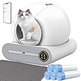 XQDKoon Selbstreinigende Katzentoilette, 65L+9L Selbstreinigende Toilette mit 5 Rollen Müllsäcken und 1 Fußmatten, Automatische Elektrisches Katzenklo, App Steuerung für Mehrere Katzen