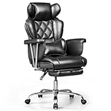 DEVAISE Bürostuhl Ergonomisch, PU Leder Chefsessel, mit Fußstütze und Lendenwirbelstütze, 70cm Hohe Rückenlehne, Wippfunktion, Höhenverstellbar, Liegestuhl für Büro, Zuhause, Schwarz