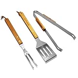 intergrill Grillwerkzeug Set 3-teilig | Edelstahl BBQ Tool Set | Eichenholz-Griffe | Grillzange Wender Grillgabel | Kohlegrill Gasgrill Elektrogrill
