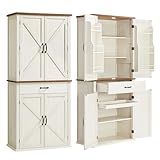 VASAGLE Küchenschrank, 178,6 cm hoher Mehrzweckschrank, Landhausstil, mit Schiebetüren, Schublade, Ablage und verstellbaren Einlegeböden, für Küche Esszimmer, vintageweiß BBK364W02