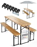Beautissu 3tlg Bierzeltgarnitur klappbar 170x46 cm Holz - Biertischgarnitur mit Schirmloch Bierbank Bierzeltgarnitur klein - Bierbankgarnitur Biergartengarnitur Festzeltgarnitur Campingtisch Outdoor