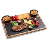 WLWNWFT Servierbrett Set, Schiefer Servierbrett Holz, Käsebrett Set aus Akazien-Holz mit Schieferplatte,Schieferplatten Buffet-Platte Käseplatte mit Keramikschale- Perfekt für Antipasti