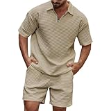 YCBMINGCAN Herren Sommer Außenhandel Freizeit Trend Mode Bequeme Einfarbig Kragen Jogginganzug Herren (Khaki, XL)