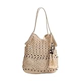 DOTBUY-SHOP Stroh Strandtasche, Holzperlen Große Korbtasche 2025 Strohtaschen Damen Sommer Leger Korbtaschen Damen, Handgewebte Sommertaschen Basttasche für Sommerurlaub, Reisen & Urlaub (Beige)