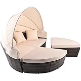 VONLUCE 4-teilige Sonneninsel mit Faltbarem Sonnendach Regencover Sonnenliege Rattanmöbel inkl. Kissen und Auflagen Gartenliege Polyrattan-Lounge Sunbed Gartenmuschel Gartenmöbel, Beige