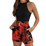 Casual Fashion Slim Set Damen Shorts Set Ärmelloses Weste Top Shorts Zweiteiler Blumendruck Basic Tank Top & Shorts Set mit Gürtel Eigenschaften: Bauchfreie Tops Strandkleid Frottee