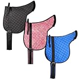 PFIFF 102925 Reitpad, Pad mit Haltegriff, baumloses Reitkissen, rutschhemmendes Material mit Kunstfellumrandung, Sattelkissen inkl. Sattelgurt, Blau, Shetty