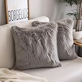 DQMEN Kissenbezüge, Kunstpelz, Deluxe, dekorativ, für Sofa, Schlafzimmer, Bett, superweich, mongolischer Plüsch, 2 Stück, Grau, 45 x 45 cm