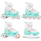 RAVEN Profession 4in1 Inlineskates Triskates Rollschuhe Schlittschuhe Inliner für Kinder und Erwachsene verstellbar (White/Mint/Orange, 35-39 (23cm-25,5cm))