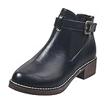 Woaikeyu Modische Stiefeletten für Damen, Leder, runder Kopf, Gürtelschnalle, lässig, Stiefel, Schwarz , 38 EU