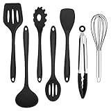 Homikit Küchenhelfer Set, 7 Stück Schwarz Silikon Küchenutensilien Kochbesteck set, Antihaft Hitzebeständiger Kochutensilien set mit Pfannenwender zum Kochen, Backen, Gesund/Spülmaschinenfest