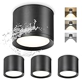 GeyouLux LED Aufbauspots IP44 3CCT Deckenspots Schwarz inkl. 7W 800LM LED Leuchtmittel 3000K/4500K/6500K Aufbauleuchte Aufputz Spots Aufbaustrahler für Badezimmer, Flur, Wohnzimmer Rund 4 Stück