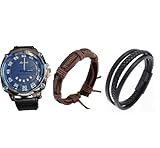 Mr. Gadget's Solutions Herren-Armbanduhr, lässig, Lederband, Datum, Quarz, analog, rund, 2-teiliges Armband-Set, Schwarz