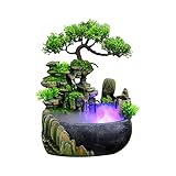 HarBin-Star Zimmerbrunnen mit LED Beleuchtung, Tischbrunnen Wasserfall mit Nebel, GartenAquariumHarz Desktop-Brunnen, Grüne Pflanze Brunnen, Zimmerbrunnen 28 x15 x 20 cm