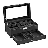 SONGMICS Uhrenbox, Uhrenkasten mit Glasdeckel, 2 Ebenen, für 12 Uhr, abschließbar, 1 Schublade, für Ringe, Armbänder, Geschenkidee, PU-Bezug in Schwarz, Innenfutter in Schwarz JWB012B03