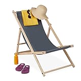 Relaxdays Liegestuhl Holz, Holz Strandliege mit Stoffbezug, klappbar & verstellbar, Garten, Strand & Balkon, dunkelgrau