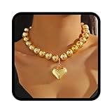 Handcess Herz Anhänger Halskette Gold Perlenkette Chunky Statement Halsketten für Damen