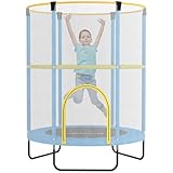 AIYAPLAY Kinder Trampolin Ø140 cm, Indoor Trampolin mit Sicherheitsnetz, Gummiseil, Randabdeckung, Kindertrampolin mit Tür mit Reißverschluss für 3-6 Jahre Kinder Dunkelblau