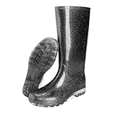 Foinledr Gummistiefel Regenstiefel Damen, Safety Wasserdicht Gummischuhe, Mode Anti-Rutsch Regenschuhe, Glitzer Schwarz, 39 EU