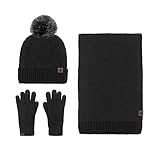 Schal Mütze Set Herren Damen Wintermützen 3 Halswärmer und Handschuhe Schal Handschuhe Mütze Set, Schwarz , One size