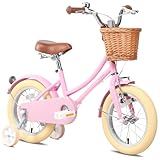 Glerc 16 Zoll Kinder Mädchen Fahrrad für 4 5 6 7 8 Jahre alt kleine Mädchen Retro Vintage-Stil Fahrräder mit Korb Training Räder und Glocke, Rosa