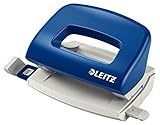 Leitz Mini Büro Locher aus Metall, kleiner Locher für 10 Blatt, Anschlagschiene mit Formatangaben, Ergonomisches Design, blau, 50580035