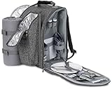 BRUBAKER Picknickrucksack für 2 Personen Grau 28 × 40 × 22 cm - mit Kühlfach, Iso-Flaschenhalter und Fleece-Decke mit wasserdichter Unterseite