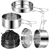 4 Teilige Camping Kochgeschirr Set mit Camping Topf, 304 Edelstahl Camping Geschirr Set, Tragbar Camping Töpfe Topfset Stapelbar Picknick Topf für Camping Outdoor Kochen Wandern Reisen