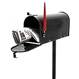 Wiltec Set US Mailbox schwarz 180 x 220 x 480 mm, amerikanischer Briefkasten mit Fahne, Standbriefkasten Stahl amerikanisches Design mit passendem Standfuß