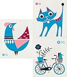 Trendy Tripper Schwedentücher Schwammtücher Mitteljahrhundert Moderne Motive in verschiedenen Packungen mit Bordeaux, Türkis, Orange, Pink, Aubergine 3 Pk Turquoise/Pink: Rooster, Cat, Bicycle