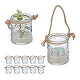 Relaxdays Windlicht, 12er Set, Glas mit Henkel, 7 x 6 cm, innen & außen, Hochzeit Teelichthalter, transparent/Natur