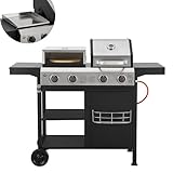 Kombigrill 'BOSTON' von El Fuego® | 3-in-1 Gas, Pizza & Plancha-Grillplatte | inkl. Gasschlauch und Druckminderer | Grillrost aus Gusseisen | mit Thermometer und großen Seitenablagen | Grill BBQ | AY0