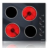 NOXTON Keramikochfeld 4 Platten mit Knopfsteuerung, Elektrokochfeld 60 cm Einbau, Glaskeramikkochfeld 4 Zonen mit 9 Leistungsstufen, 6000W, 220V-240V, Kein Stecker