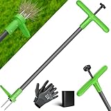 KESSER® Unkrautstecher mit Stiel | Unkrautentferner mit T-Griff & Fußpedal | Gartenwerkzeug effizientes Entfernen von Unkraut 3 Stahlzähne & Sprungfeder | Wurzelentferner mit Handschuhe & Schutzkappe