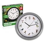 TELE WELT Wanduhr mit Vogelstimmen, Silber [12 Vogelstimmen] modern - Wohnzimmer Uhr - Analog - Küchenuhr - Silberne Wanduhr (Silber)