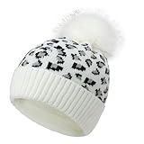 TUANMOZI Strickmütze Damen Wintermütze mit Bommel Elegant Leopard Beanie Mütze Warme Winter-Mütze Bommelmütze ﻿ (DE/NL/SE/PL, Alphanumerisch, Einheitsgröße, Weiß)