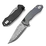 Pocket folding neck knife damaststahl, EDC Outdoor messer survival, klein taschenmesser damast klappmesser kohlefaser handlich werkzeug messer Damaszener edelstahl scharfe damaskus einhandmesser blau