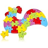 LovesTown Holzpuzzle mit Hahn, 26 Teile, Alphabet- und Zahlenpuzzle, Holzbausteine für Kinder, Kleinkinder, Vorschule