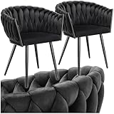 tectake® Samt Stuhl, Schalenstuhl mit Armlehne in Knoten Optik, Esszimmerstühle, Sessel modern für Wohnzimmer, Esszimmer, als Küchenstühle, für Schminktisch, Dining Chair Set - schwarz, 2er Set