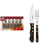 Tramontina Jumbo Steakbesteck,12 teiliges Set, rostfreier Edelstahl, Holzgriff FSC, spülmaschinenfest, für 6 Personen, scharfer Wellenschliff
