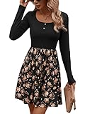 GORGLITTER Damen 2 in 1 Kleid Langarm Freizeitkleid A Linie Kurz Kleider Partykleid Bohokleid Herbst Kleider mit U-Ausschnitt Schwarz L