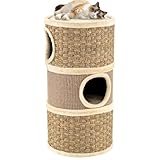 SOARS Kratztonne für Katzen, 70 cm Katzentonne mit 3 Höhlen, Liegefläche und Sisalkratzfläche, Kratzbaum, Katzenkratzbaum, Katzenturm, Khaki + Braun