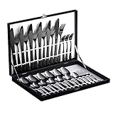Velaze Besteck Set Schwarz, 18/10 Premium Edelstahl Besteckset 30-teilig, Besteck für 6 Personen mit Geschenkbox, Bestecksets mit Messer, Löffel und Gabel, Spiegelpoliert, Spülmaschinenfest