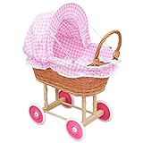 Puppenwagen aus Weide Holz Weidenwagen Kinderwagen Weidenpuppenwagen Verschieden Motive (Hell ROSA | Kariert)