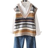 ONDIAN Weste Damen Strick Pullunder Bestickte Strickweste for Damen mit V-Ausschnitt, lockeres Retro-Freizeithemd (Farbe : Beige, Size : XXL)