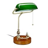 Relaxdays Bankerlampe mit Zugschalter, neigbarem Glasschirm & Holzfuß, Bankerleuchte E27, Schreibtischlampe Retro, grün, 10034408, 43 x 27 x 22 cm