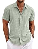 COOFANDY Leinenhemd Herren Kurzarm Einfarbig Sommerhemd Button down Regular Fit Hemden Hellgrün XL