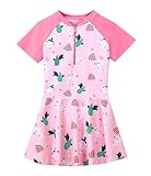 Symunnia Mädchen-Badeanzug, einteilig, mit Rock, kurzärmelig, Blumenmuster, Rashguard, Badekleid, Pink-Wassermelone, 7-8 Jahre