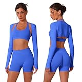 ABOCIW 3-teiliges Workout-Set für Damen, nahtlos, Neckholder, Sport-BH, hohe Taille, Biker-Shorts, langärmelig, Bolero mit Daumenloch, Blau (Electric Blue), X-Large